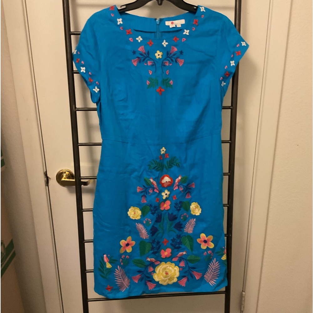 Boden Bright Turquoise Floral Embroidered Shift Dress